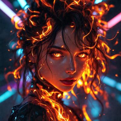 The primary subject of the image is a woman with long, curly hair and a striking appearance. She is wearing a black dress and has a unique, flaming hairstyle. The setting is a dark room with a backdrop of neon lights, creating a dramatic and visually striking scene. The visual style of the image is a combination of photo and digital art, with the woman's hair and the neon lights being digitally manipulated to create a striking and memorable image. The colors and mood of the